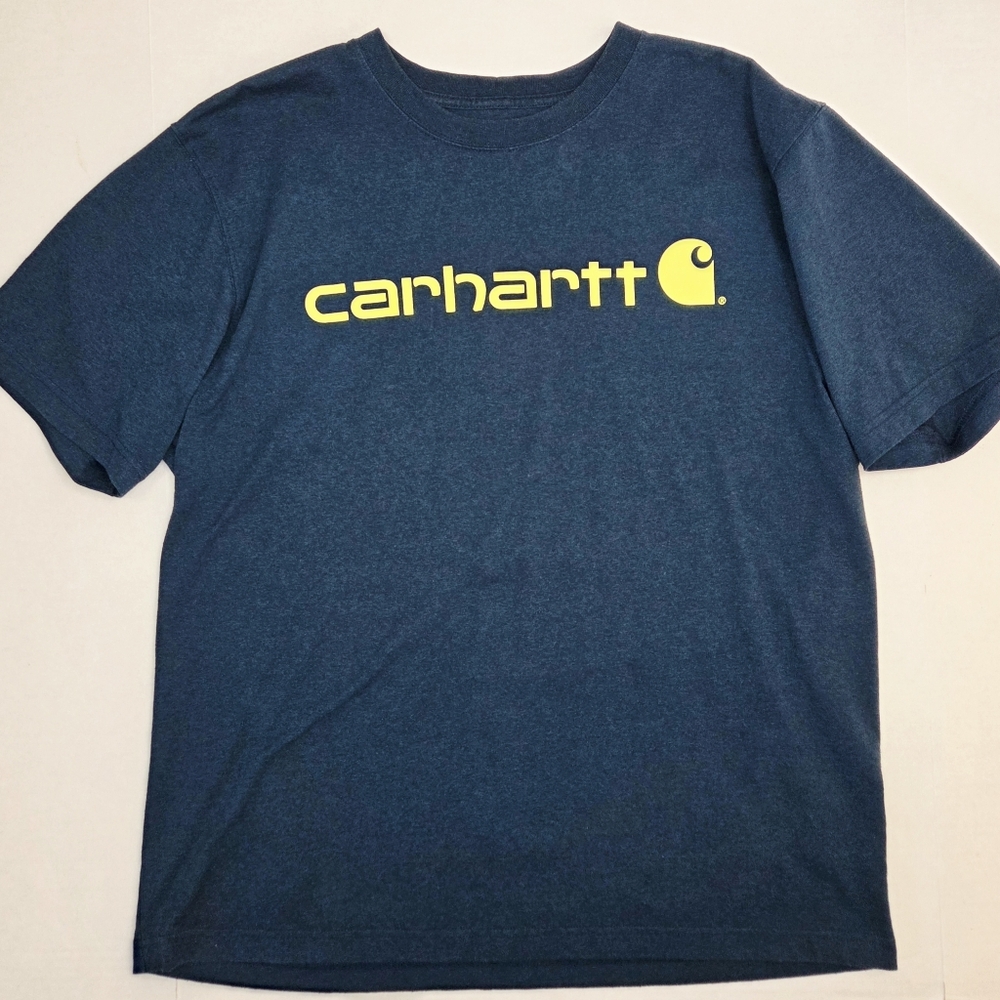 Carhartt Mens Spellout Logo Loose Fit T Shirt Size L  Dark Teal Blue Yellow Logo